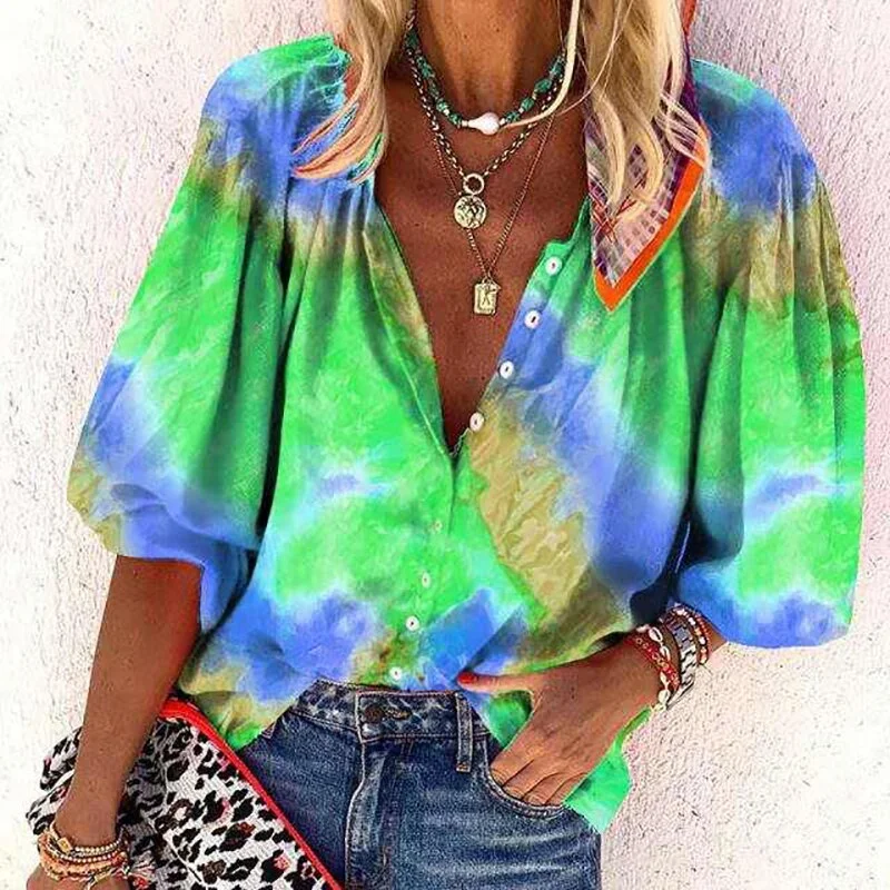 Gentillove Vintage Y2K Tie Dye Print Button Shirts Sexy V Neck Loose Blouse Elegant Colorful Oversize Top Streetwear Puff Sleeve