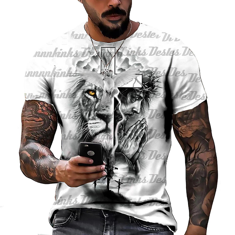 Lion&Jesus Corss Pattern Summer Short Sleeve Men's T-Shirts at Hiphopee