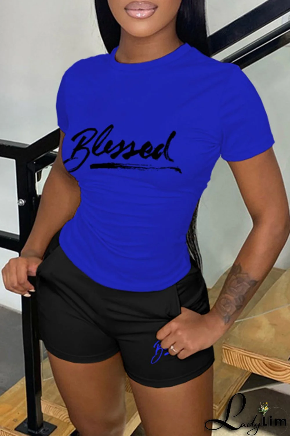 Pink Casual Letter Print Basic O Neck Short Sleeve Two Pieces