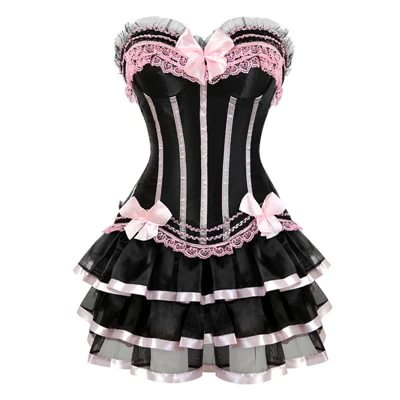 Burlesque Corsets with Skirt Striped Floral Lace Up Corset Bustier PE071
