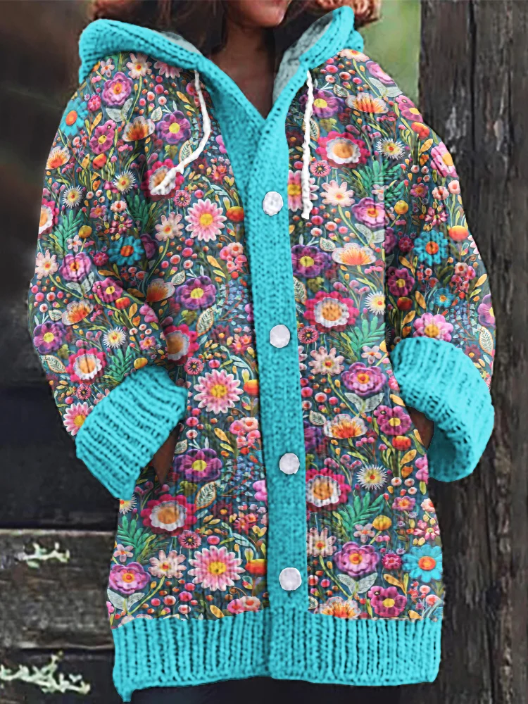 Floral Embroidery Art Print Cozy Knit Hooded Cardigan
