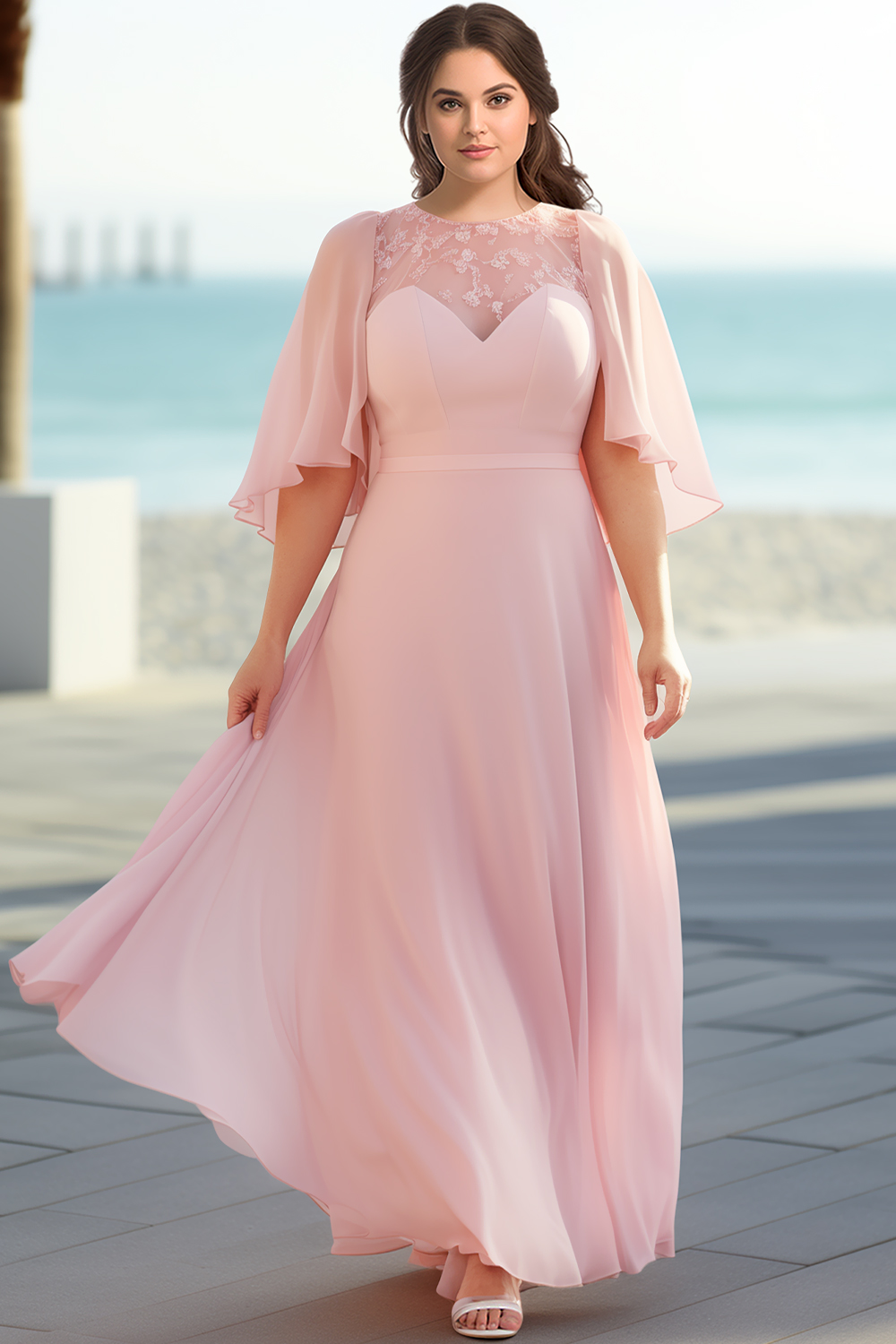 Flycurvy Plus Size Mother Of The Bride Pink Chiffon Lace Flutter Sleeve Maxi Dress