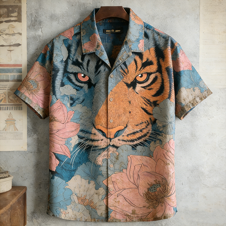 Japanese Art Retro Plant Flower And Tiger Pattern Men's Short Sleeve Shirt  artssus