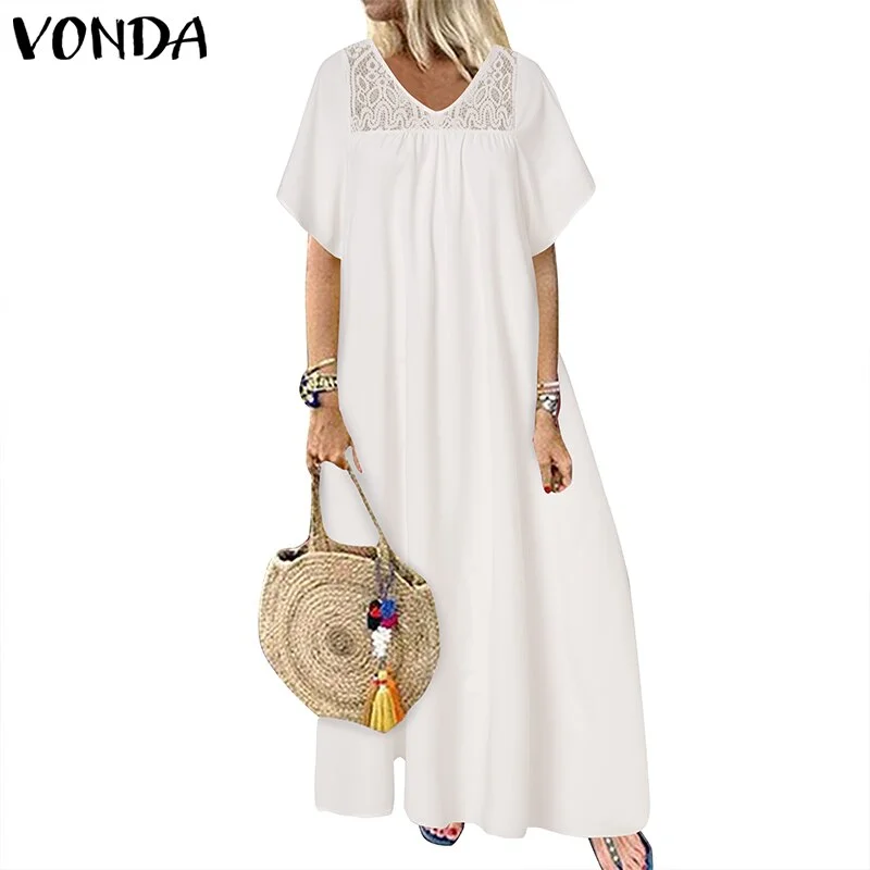 VONDA 2022 Women Fashion Casual Loose Sundress Bohemian Summer Retro Lace Patchwork Holiday Robe Half Sleeve V Neck Long Dress