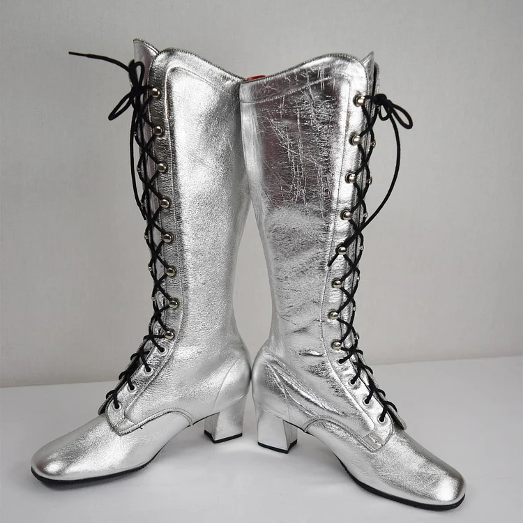 Silver Lace up Chunky Heel Boots Square Toe Mid-calf Long Boots |FSJ Shoes