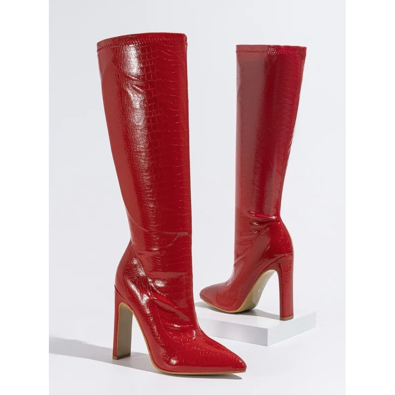 Yyvonne New Coarse Heel Medium Cylinder Elastic Inner Zipper Diamond Irregular Fashion Stone-Print Pointed Female Boots