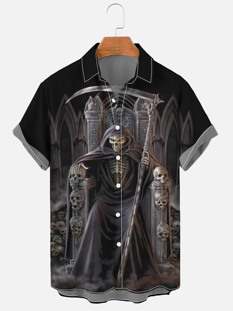 Men's Halloween Grim Reaper Ghost Skull Print Shirt