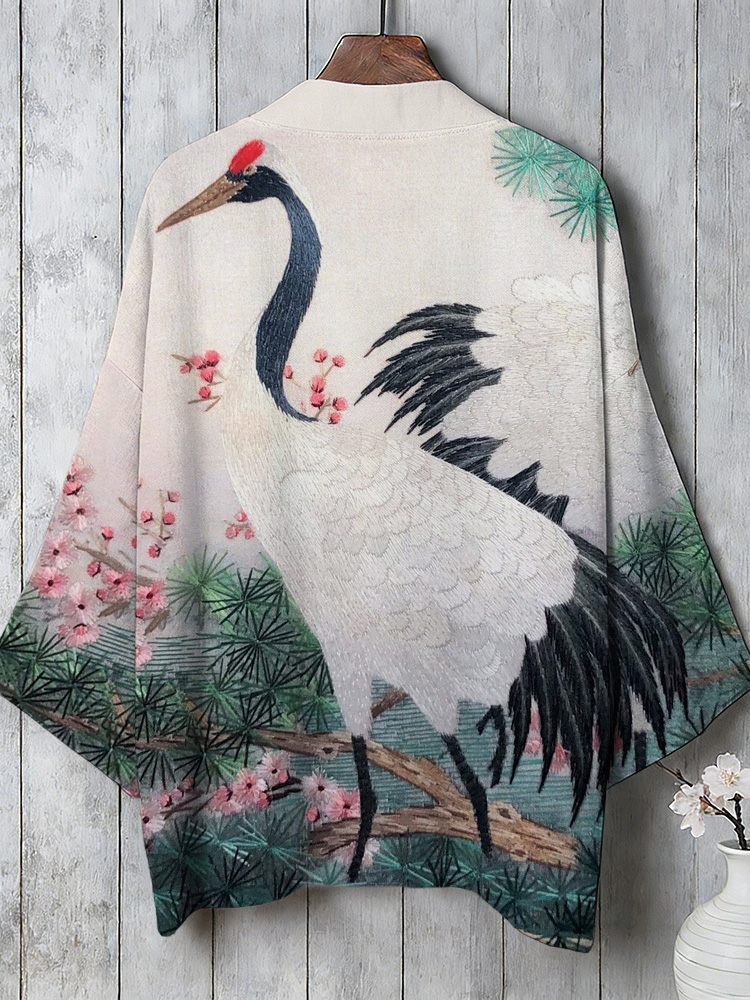 Vintage Cranes & Cherry Blossom Art Linen Kimono  artssus