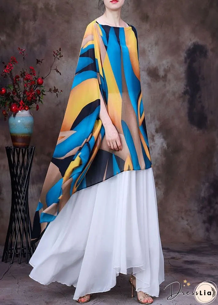 Women Yellow Blue Asymmetrical Design Print Chiffon Top Batwing Sleeve