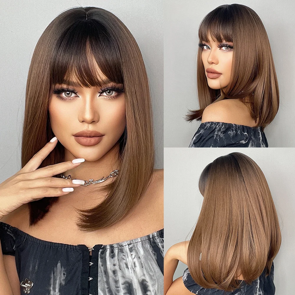 Jewtribute Hair®|Straight Brown Bob Wig With Black Bangs  Afro Shoulder Length Wigs