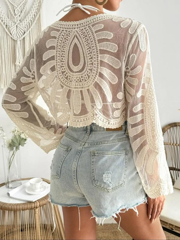 🌺 Women's Floral Embroidered Semi-Sheer Cover Up 🌊 | Cute Long Sleeve Round Neck | Perfect for Beach Vacations & Outdoor Fun! ☀️ 
