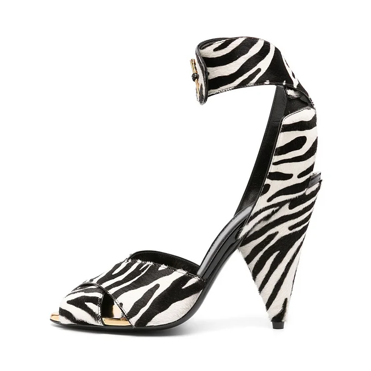 Classic Zebra Print Peep Toe Cross Strap Cone Heel Women's Sandals |FSJ Shoes