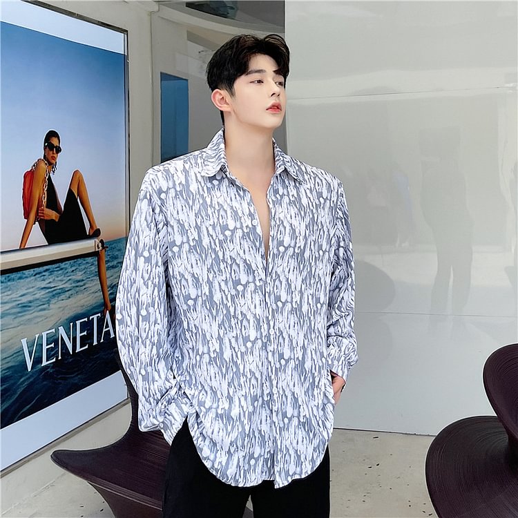 Dawfashion-Casual Graffiti Print Lapel Long Sleeve Shirt-Yamamoto Diablo Clothing