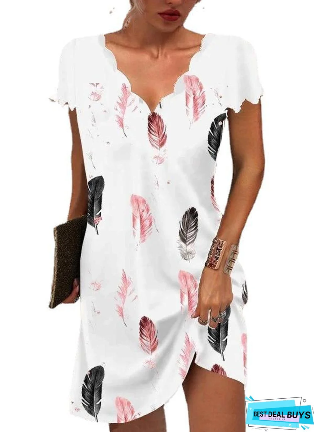 Feather Wavy V-Neck Dress White Dresses