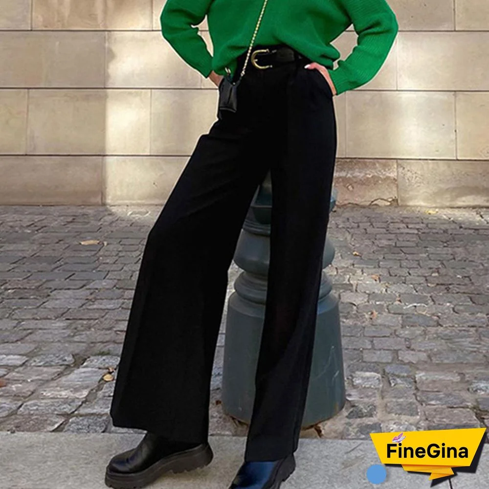 Fashion Casual Retro Street Loose Pocket Trousers Temperament Commute High Waist Suit Pants Women Elegant Solid Color Long Pants