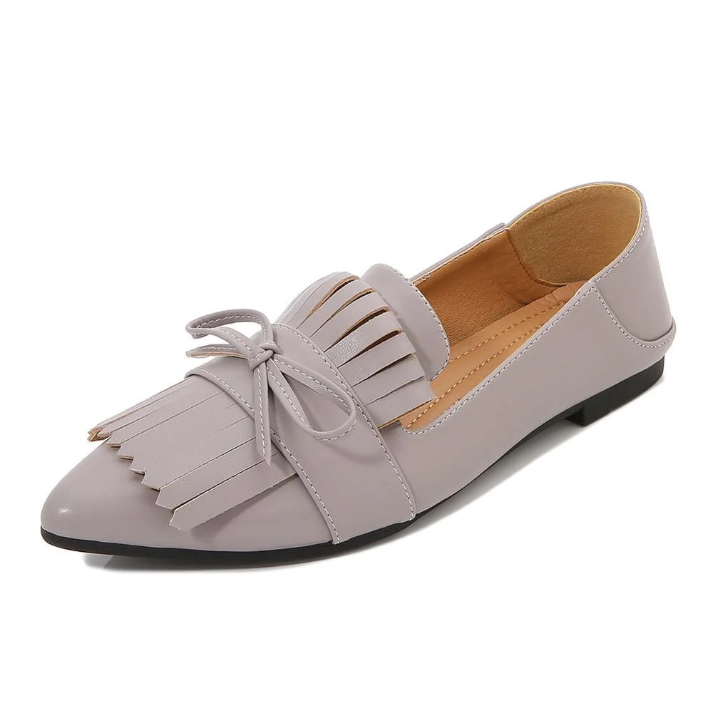 Plussize36-45 Fringe butterflyKnot pointed toe loafers women ballet flats shoes woman slip on shallow comfy tassel moccasins2020