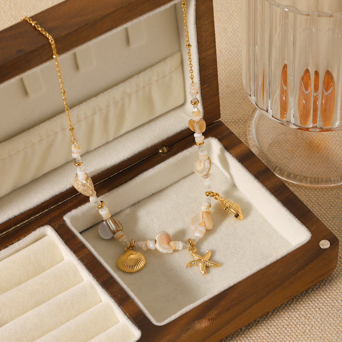 Stainless Steel Conch Starfish Shell Pendant Necklace Summer Ocean Style Shell Beaded Necklace