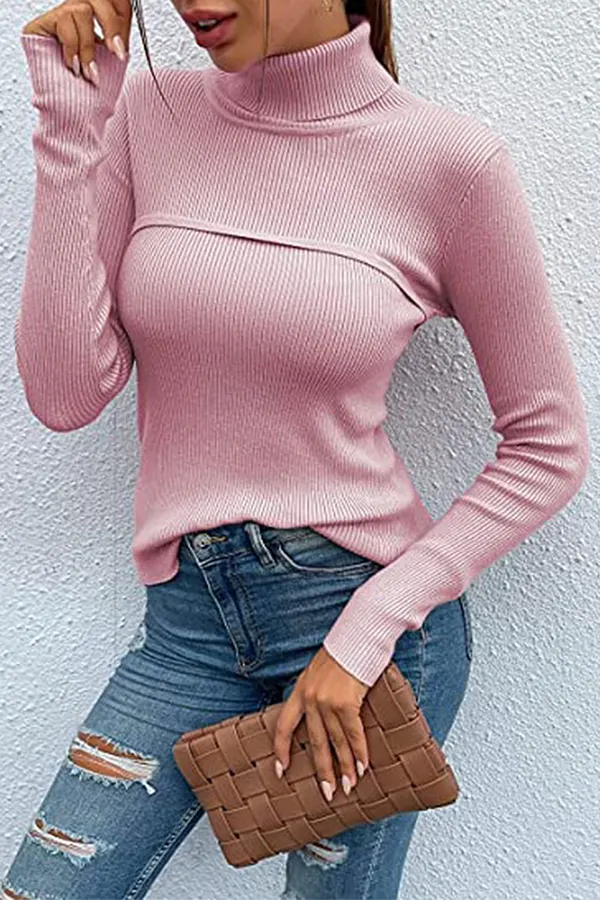 Casual Solid Split Joint Turtleneck Tops(5 Colors)
