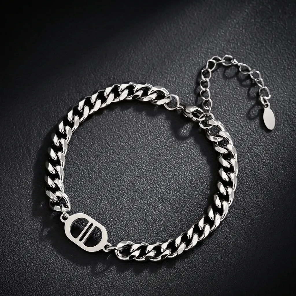 JiStones Urban Icon | Double-D Titanium Steel Curb Chain Bracelet Signature Floating Charm