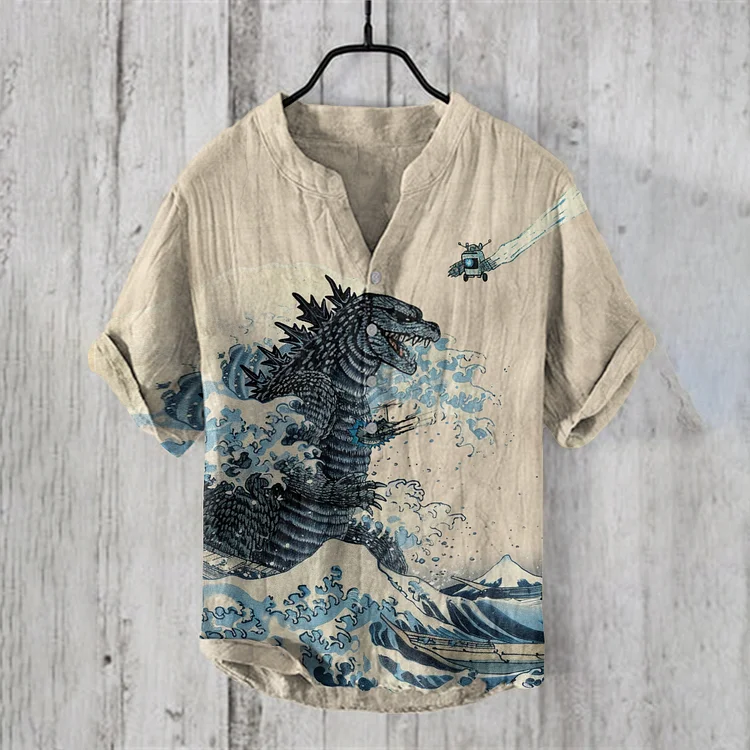 Vintage Godzilla Japanese Waves Art  Linen Blend Shirt