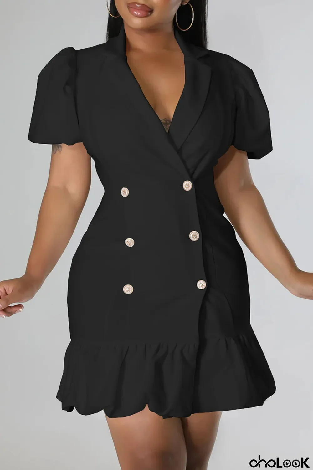 Black Casual Sweet Solid Patchwork Buckle Flounce V Neck Straight Dresses