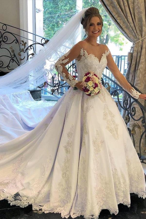 Classy Satin Long Sleeves A-line Wedding Dress With Sweetheart | Ballbellas Ballbellas