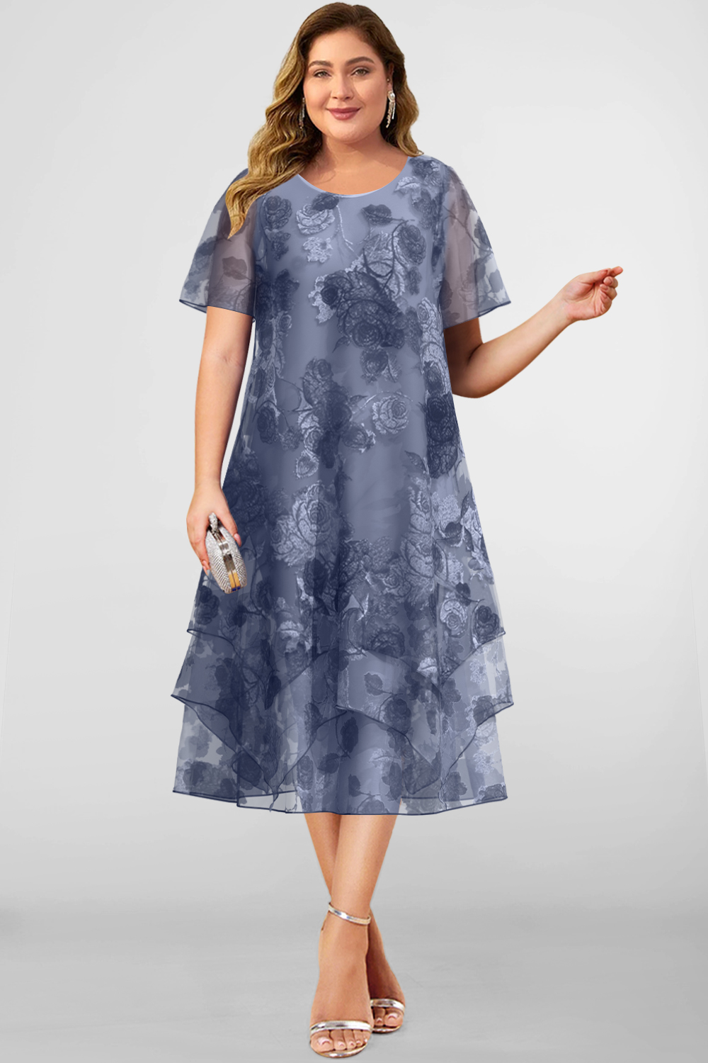 Plus Size Mother Of The Bride Mauve Chiffon Floral Print Asymmetrical Hem Midi Dress 2024 - Flycurvy 