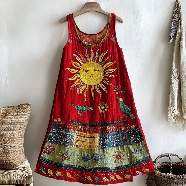VChics Women's Vintage Sun And Bird Embroidered Cotton And Linen Dress