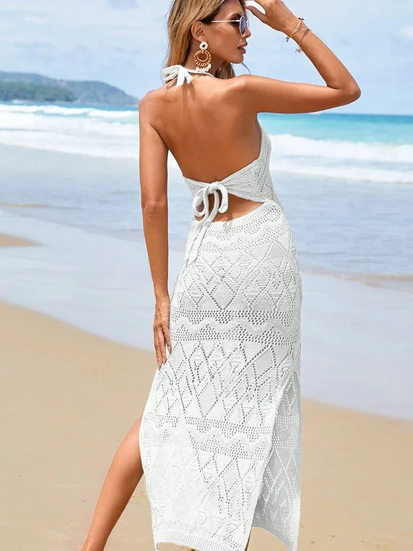Athvotar Athvotar Beach Dress Hollow Knitted Neck Sling Sexy Bare Back Fork Long Tie-Shirt Woman
