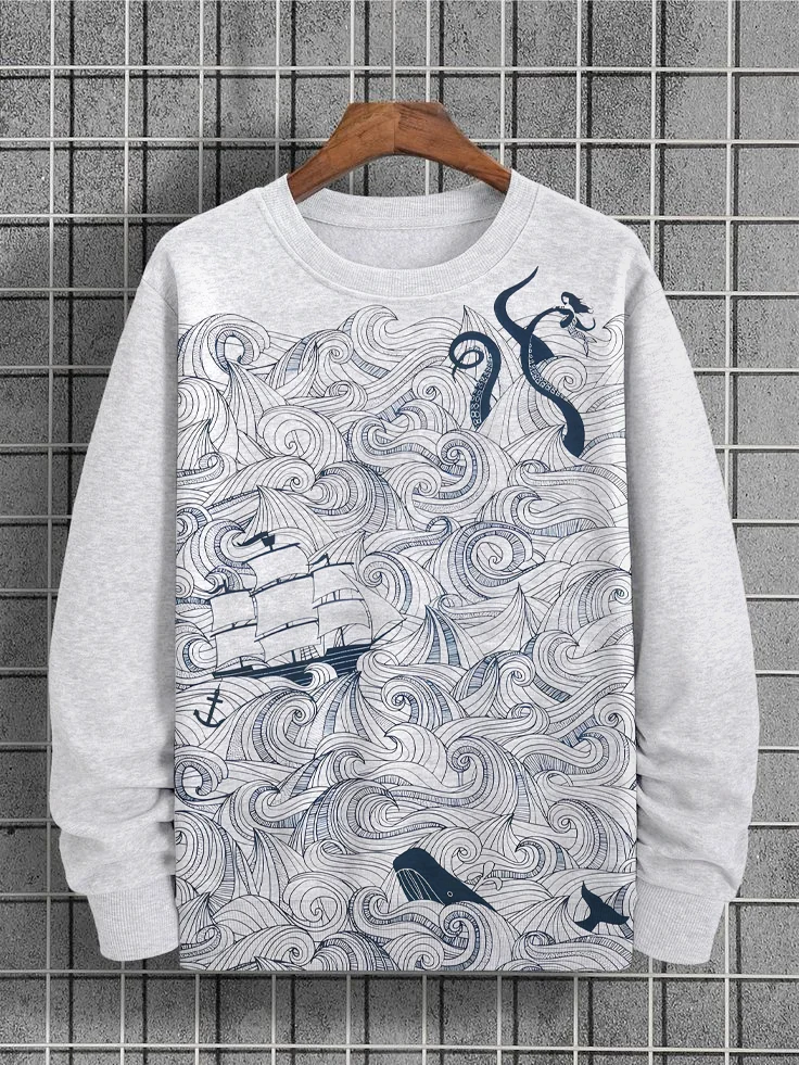 Men's Ocean Octopus Whale And Ship Art Print Casual Sweatshirt
