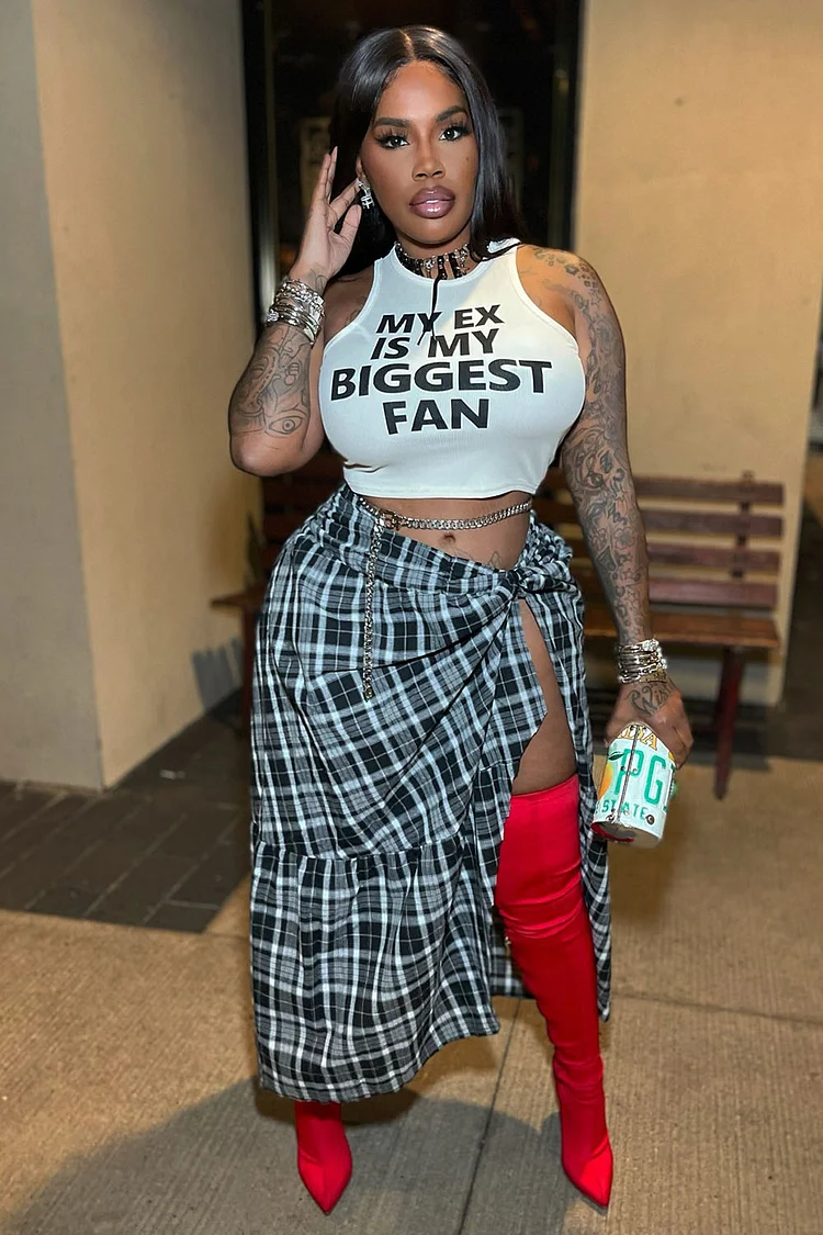 Letter Print Crop Vest Plaid Slit Maxi Skirt 2pcs Set-White [Pre Order]
