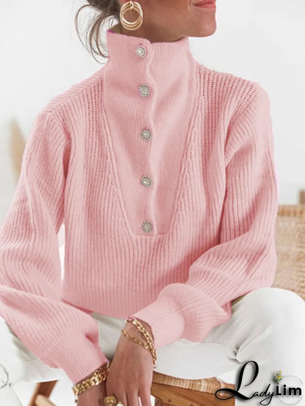 Casual Textured High Neck Rhinestone Button Long Sleeve Sweater