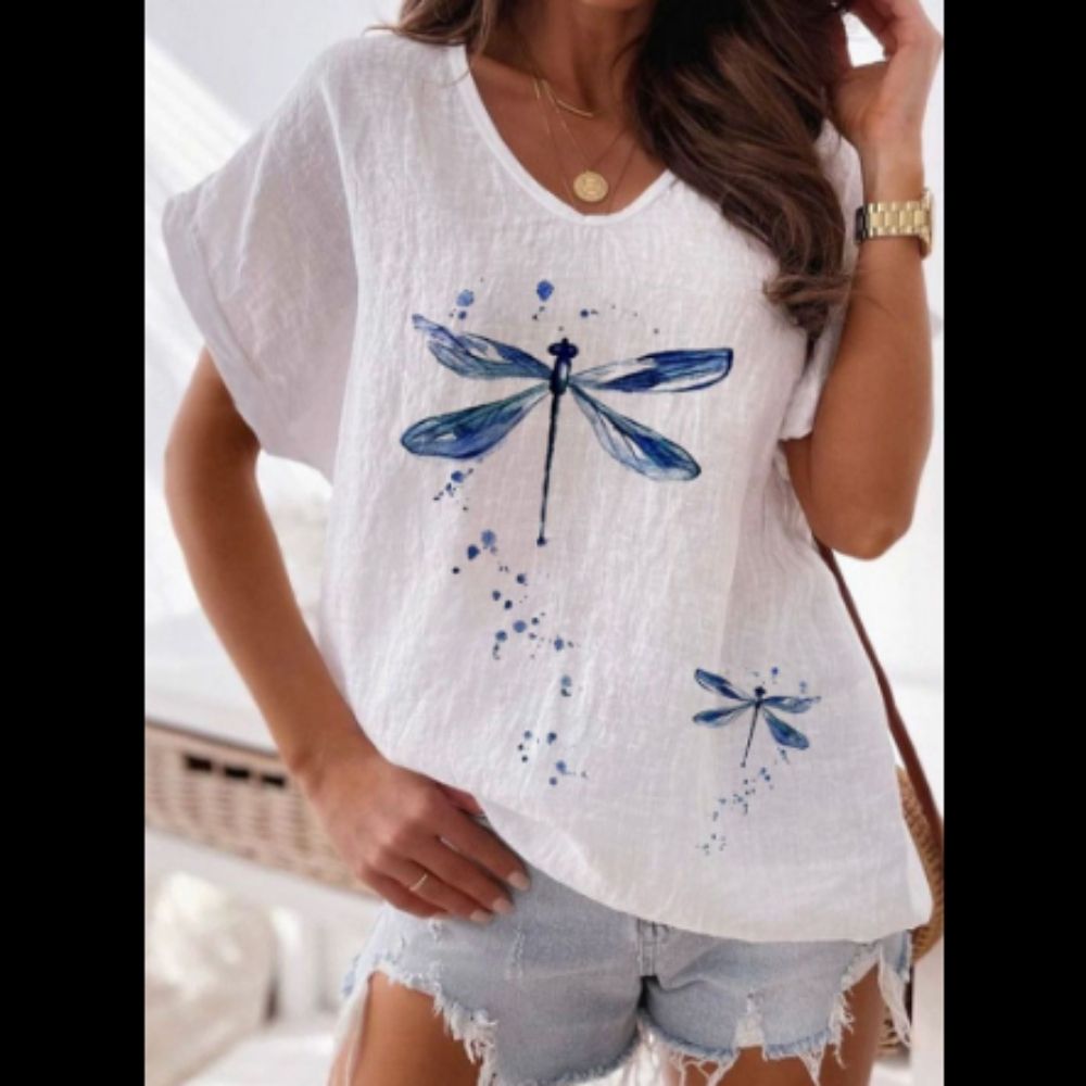 Summer V-neck Loose Fashion Pullover Elegant Printed T-shirts