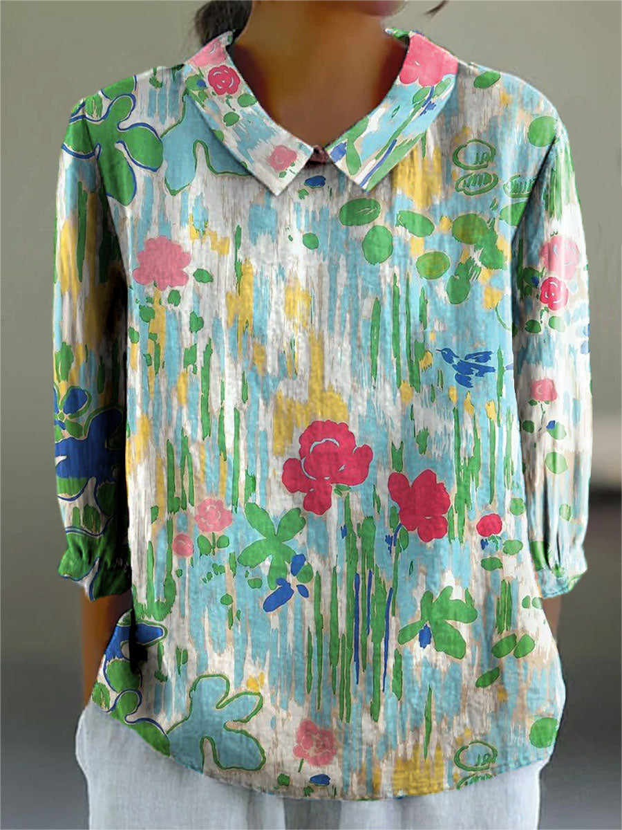 Women's Vintage Floral Art Print Casual Cotton And Linen 3/4 Sleeve Shirt