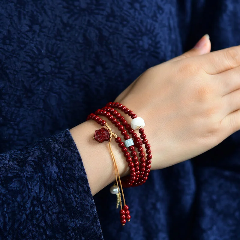 Tibetan Cinnabar Lotus Quadruple Wrap Blessing Bracelet Mala