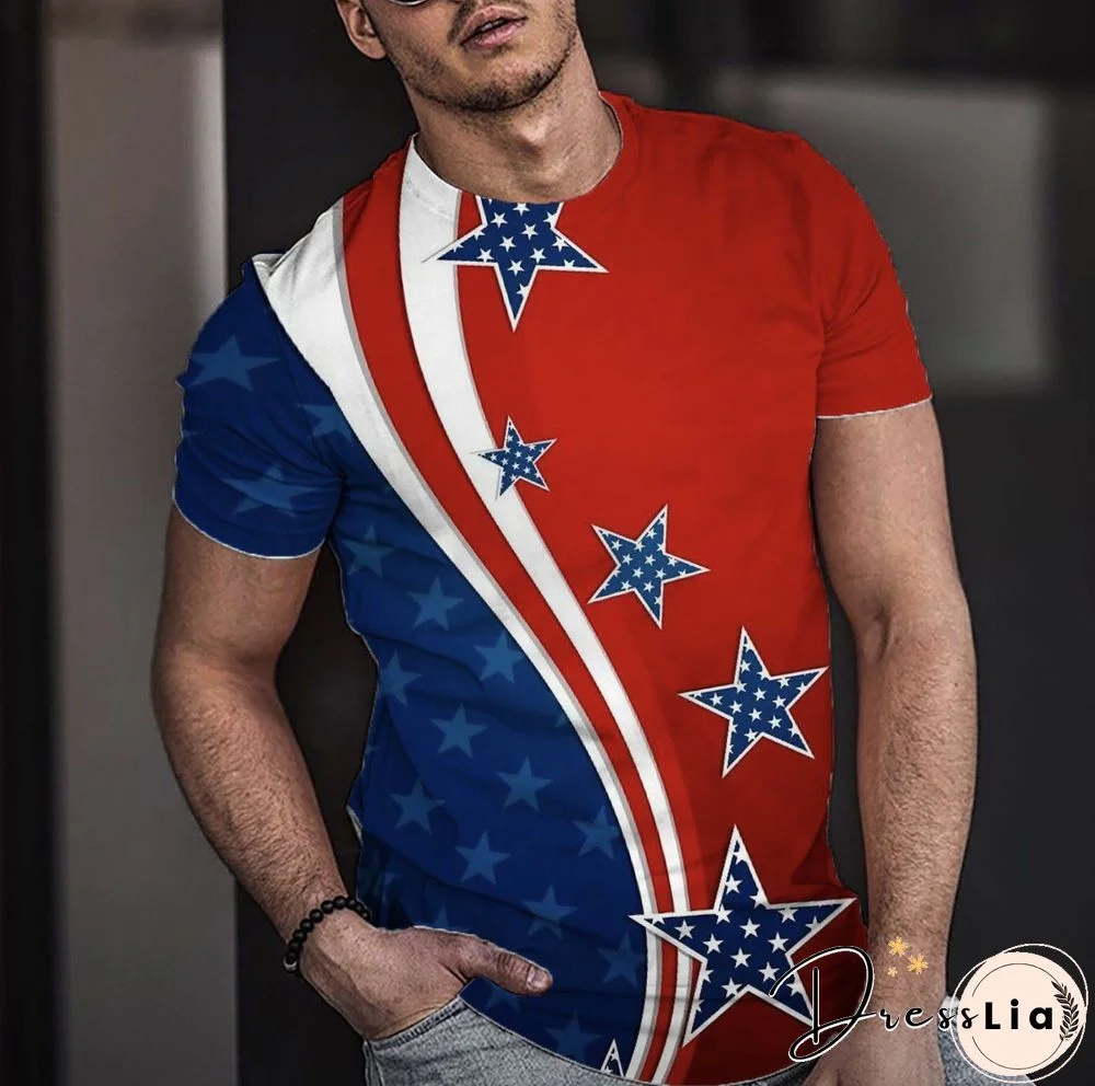 Flag 3D Printed Crew Neck Short Sleeve Street Trend