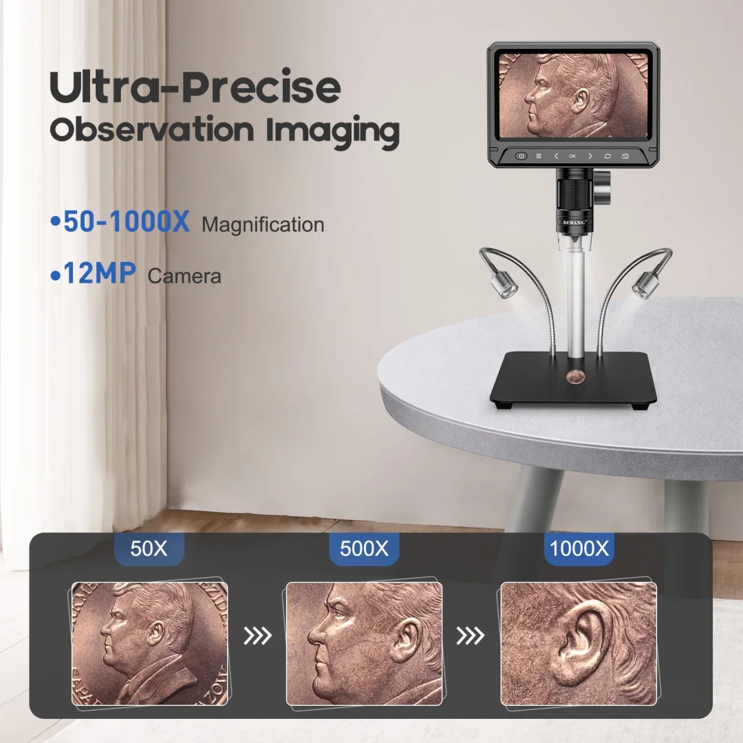 BEBANG 10.1" LCD Digital Microscope for Adults, 1200X Soldering Microscope for Electronics Repair, Coin Microscope Camera Full View for Error Coins, 32G Card