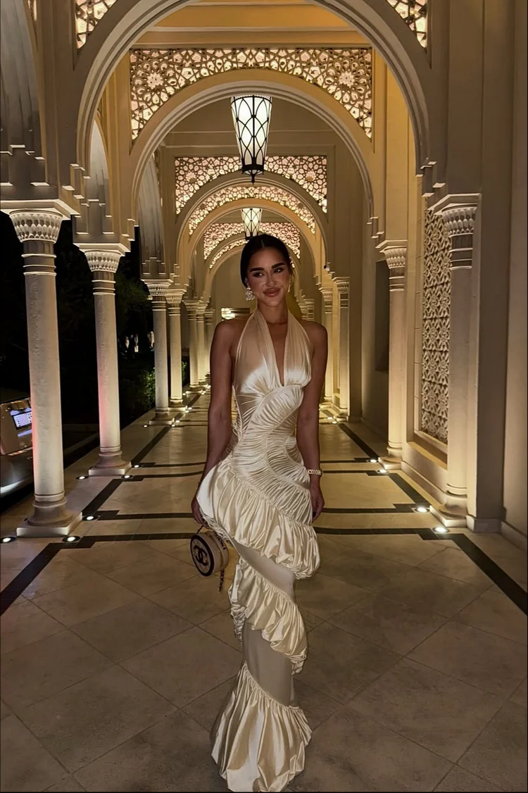 Halter Deep V-Neck Strapless Sleeveless Long Mermaid Prom Dress With Ruffles And Pleated | DQ0059 Wellcucu