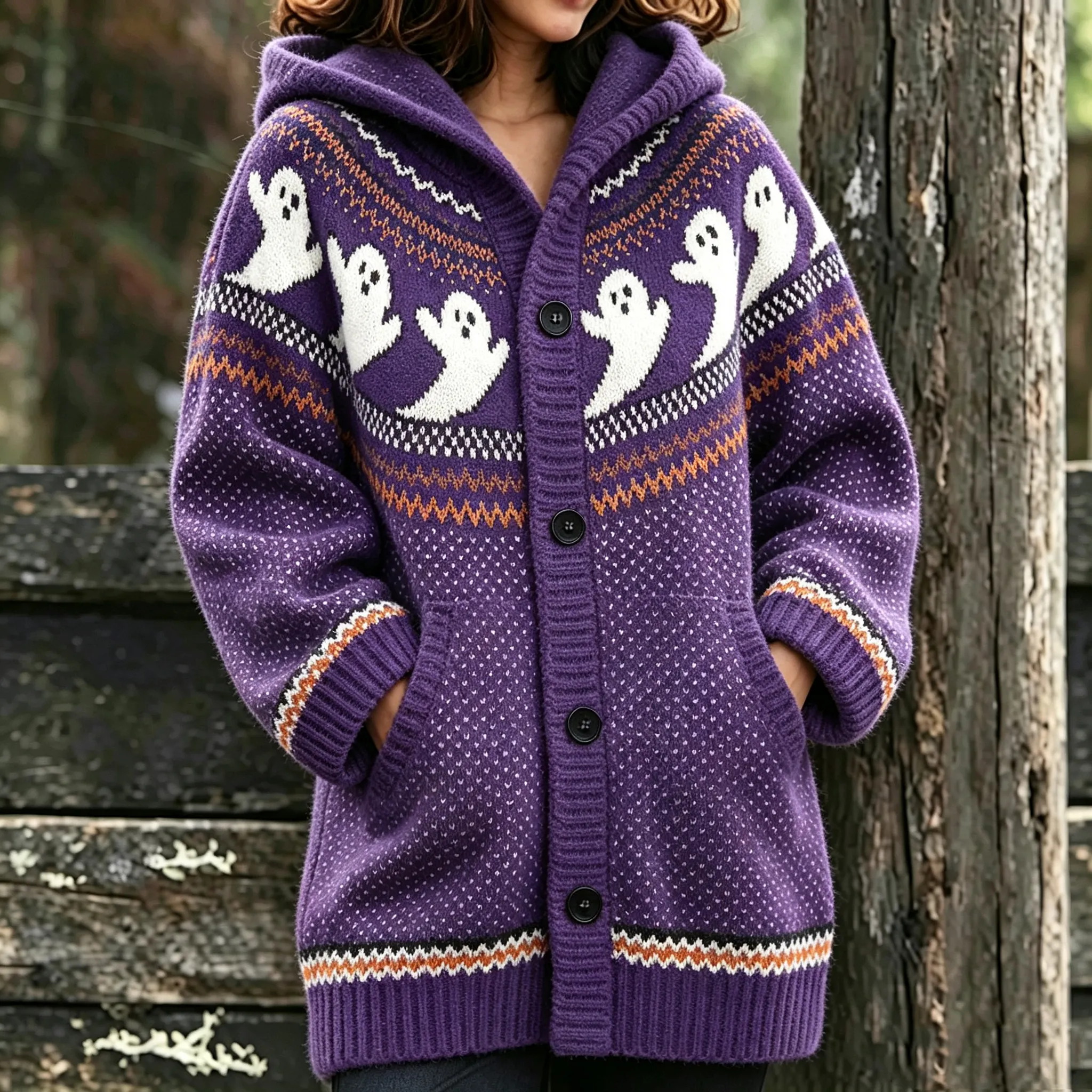 Comstylish Women's Halloween Ghost Polka Dot Print Hooded Cardigan Sweater