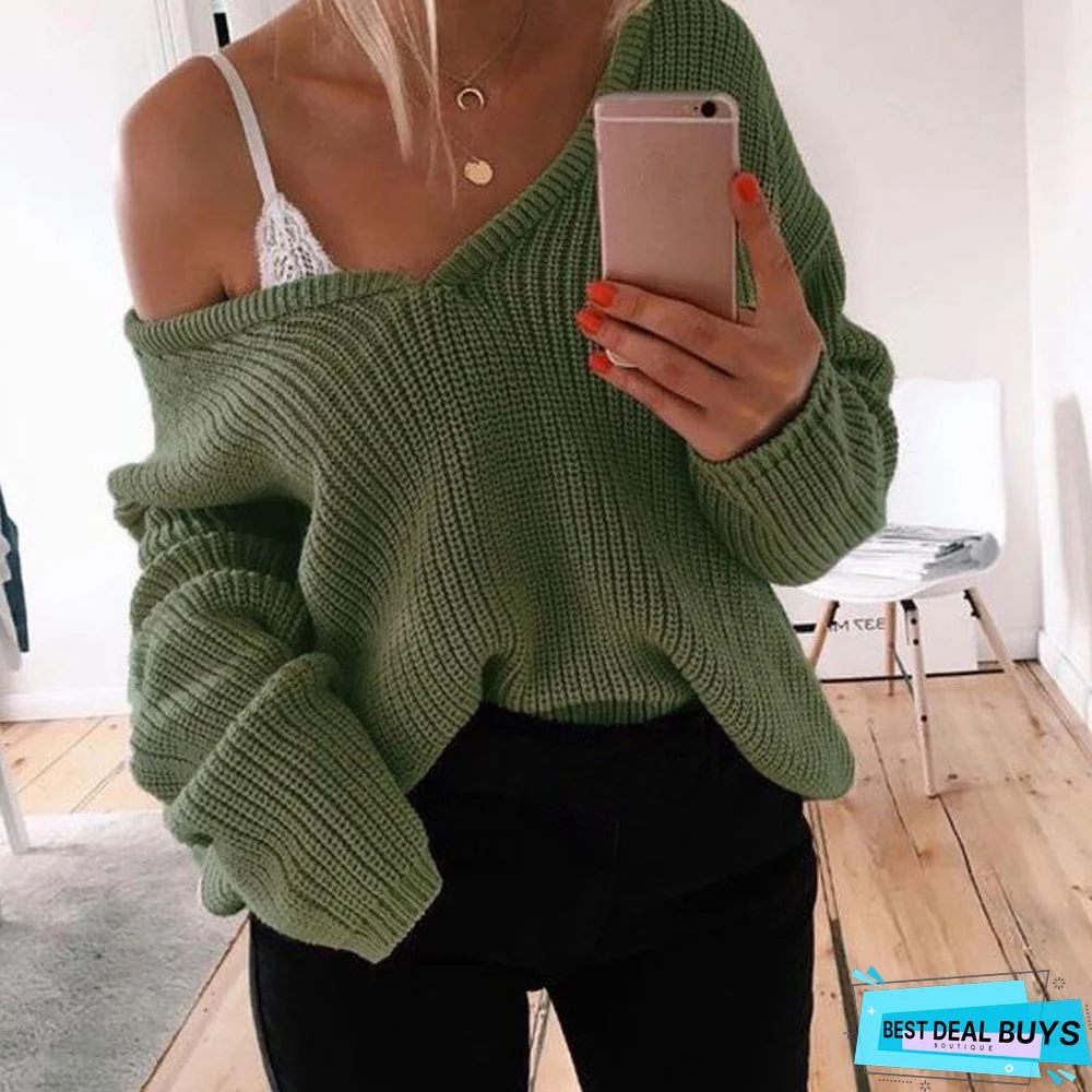 Women's Casual Solid Color V-Neck Long Sleeve Knitted Sweater