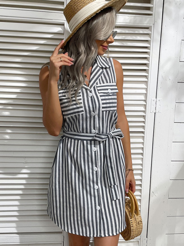 Mature Women Summer Fashion Nipped Waist Shirt Lapel Grey Beach Stripe Dress