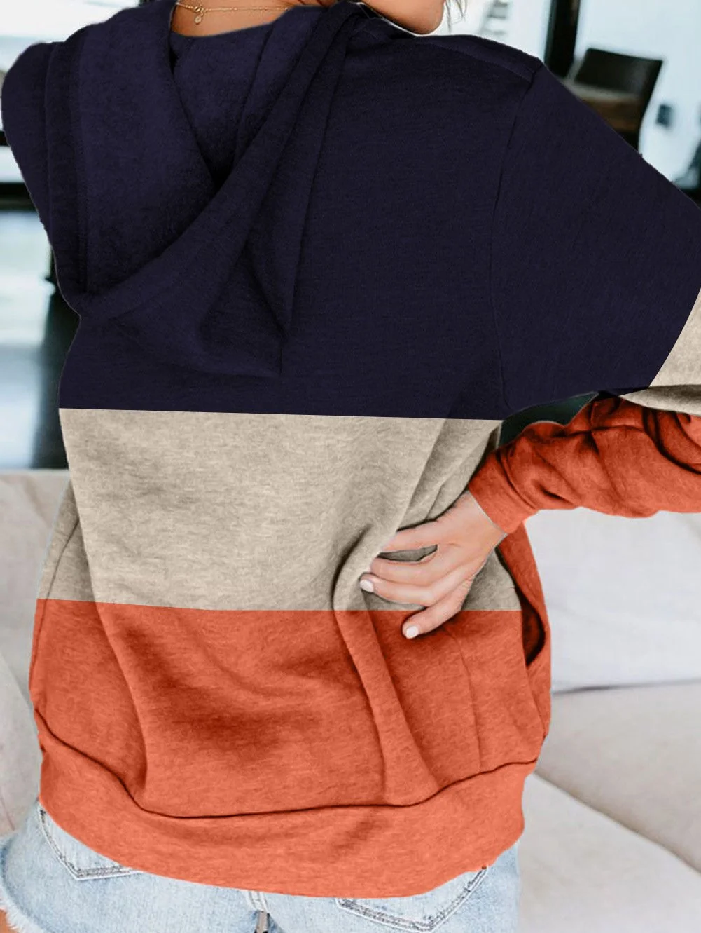 Color Block Hoodie Zipper Lace Hooded Womens Sweatshirt