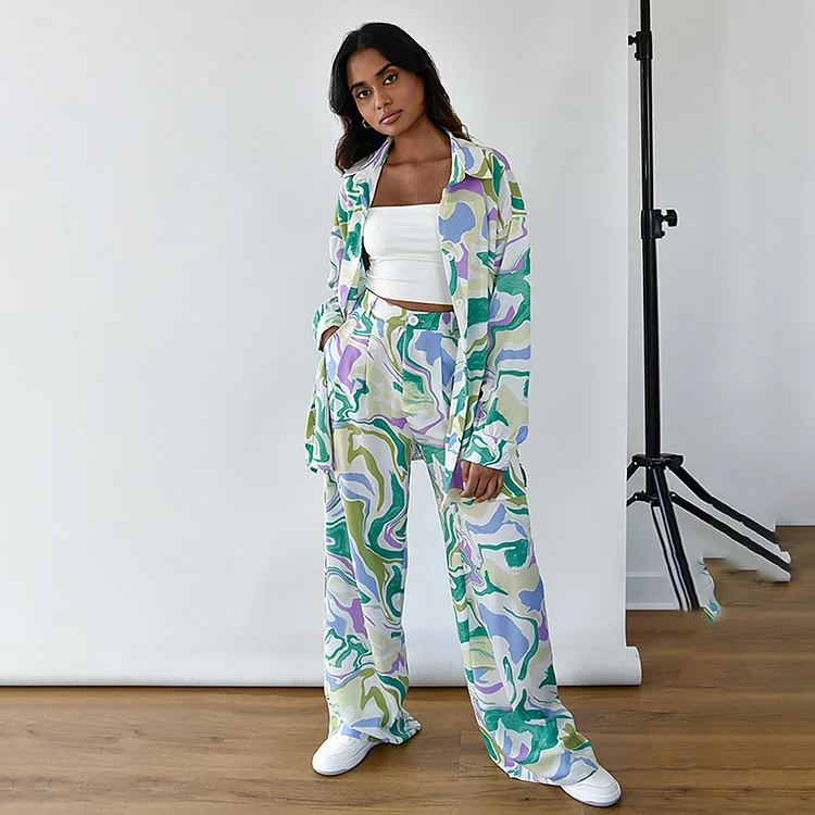 Personalized Printed Long Sleeve Outwear and High Waist Pants Suits - yankia