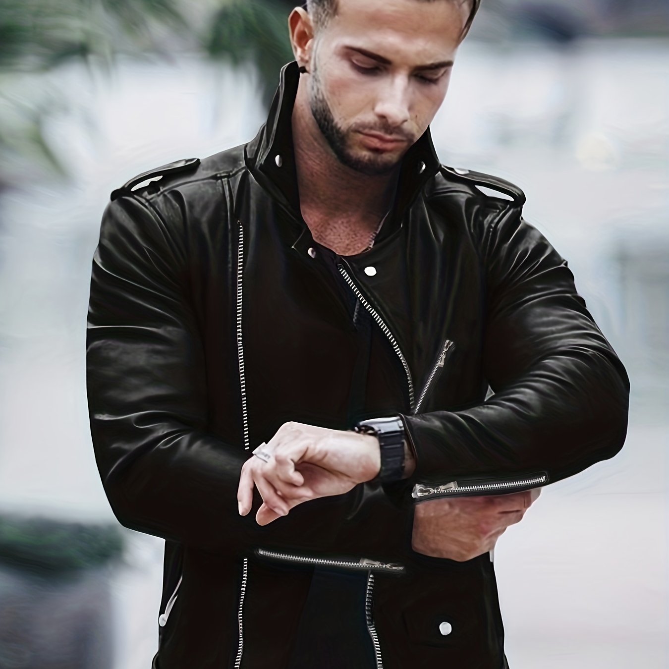 Stylish Slant Placket Biker Jacket, Men's Casual Solid Color Belt Zip Up Turndown Collar Faux Leather Jacket For Spring Fall