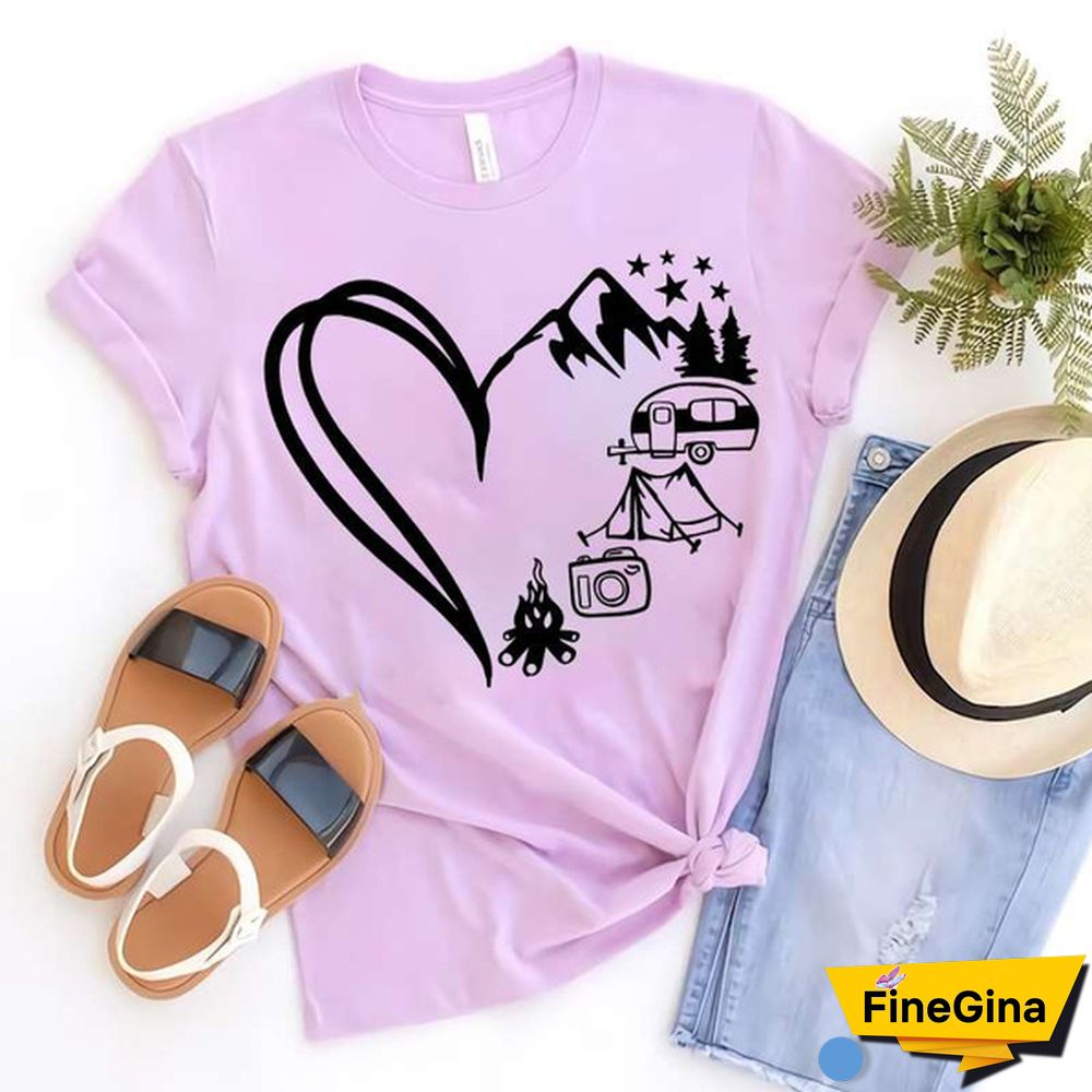 Hot Camping Heart Printed T-Shirts For Women Summer Short Sleeve Tee Shirts Round Neck Casual Summer Ladies Tops