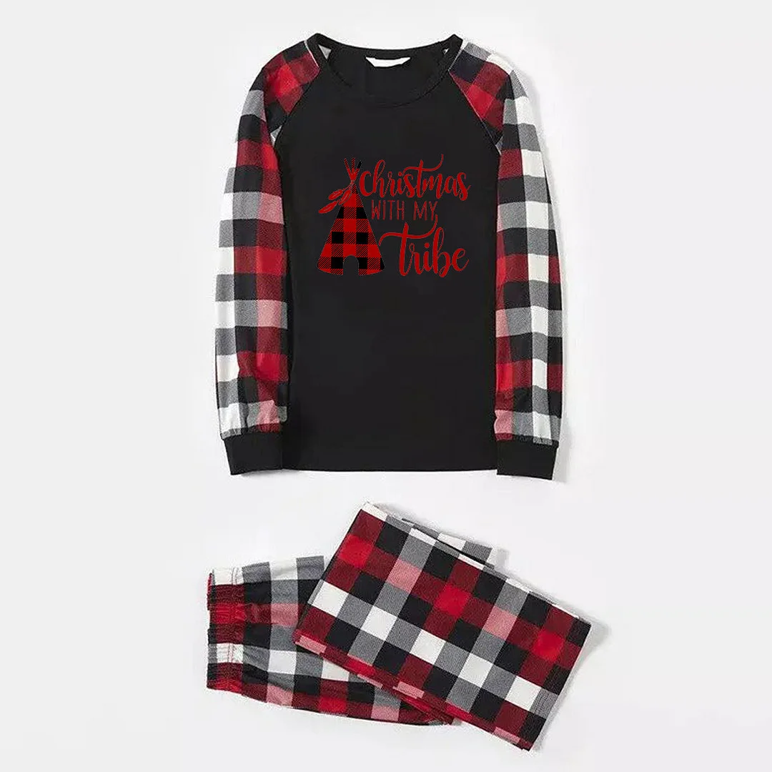 Family Christmas Shirts Christmas Tree Buffalo Plaid Patterned and 'Christmas WITH MY Tribe ' Letter Print Contrast Tops and Red & Black & White Plaid Pants Family Matching Pajamas Set With Dog Bandana