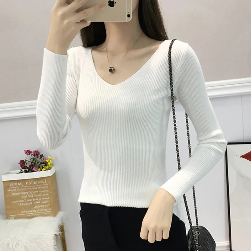 Oocharger New Arrival Women Knit Sweater Autumn Winter Sexy V-neck Korean Pullover Ladies Basic Top Fashion Casual Jumper Sweater