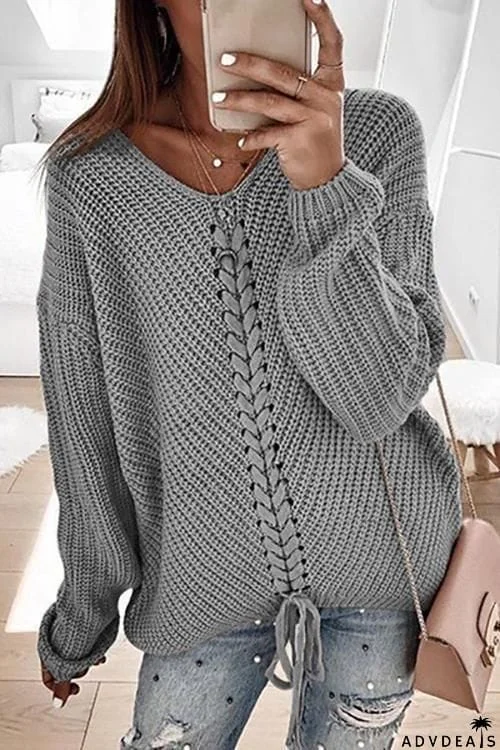 V Neck Lace Up Sweater