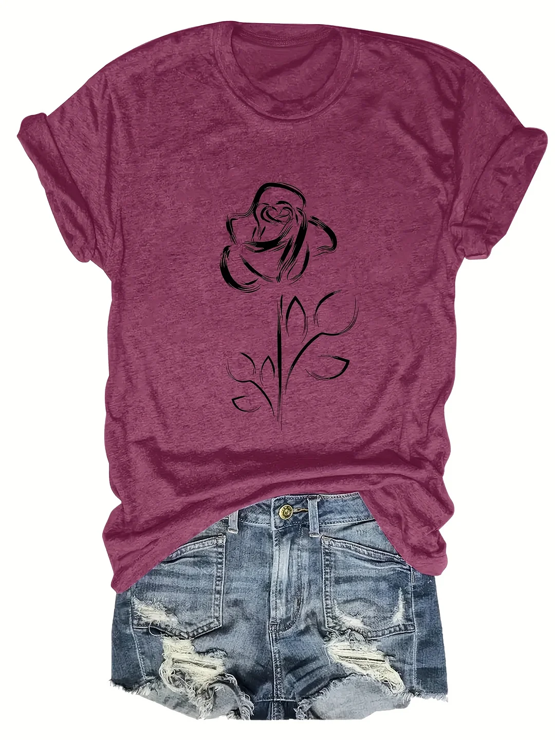 Rose Print Round Neck T-Shirt, Spring And Summer Casual Short Sleeved T-Shirt, Fashionable Women's Clothing | IFYHOME