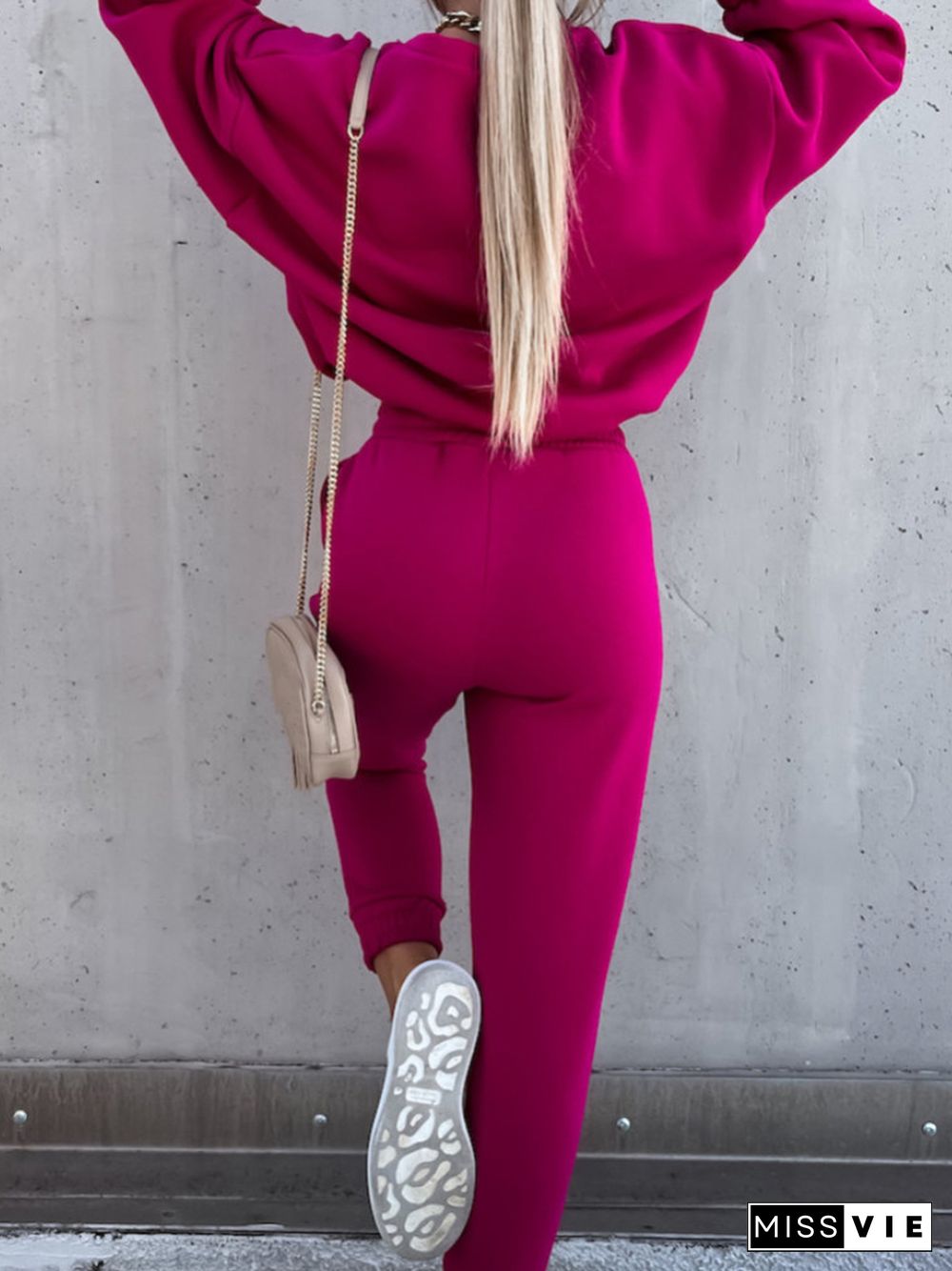 Plain O-Neck Casual Long-Sleeved Sweatshirt Two-Piece Suit